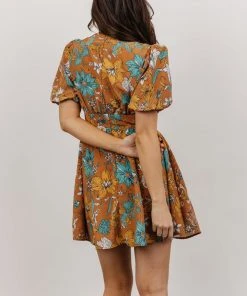 FT Dresses Finland Balloon Sleeve Mini Dress | Camel Floral