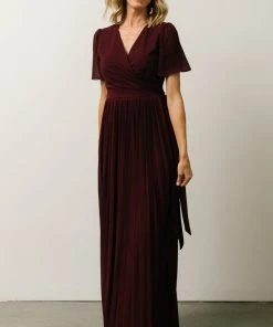 Soi Francine Pleated Wrap Maxi Dress | Burgundy Dresses