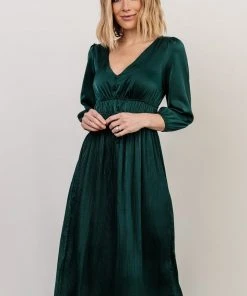 POL Dresses Gabriella Satin Midi Dress | Dark Green