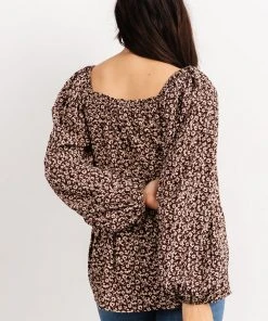HAY Greta Long Sleeve Peasant Top | Brown Floral