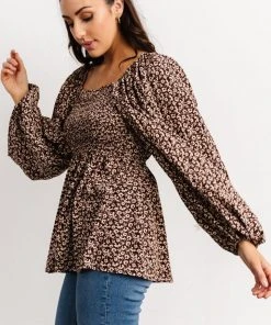 HAY Greta Long Sleeve Peasant Top | Brown Floral