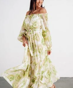 FT Hope Off Shoulder Maxi Dress | Green Floral