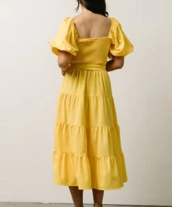 FT Horizon Puff Sleeve Smocked Midi Dress | Bright Yellow