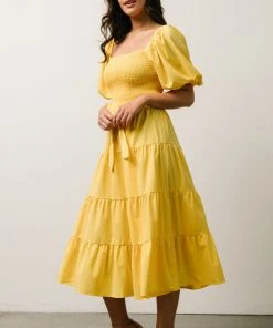 FT Horizon Puff Sleeve Smocked Midi Dress | Bright Yellow