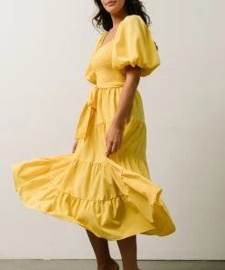 FT Horizon Puff Sleeve Smocked Midi Dress | Bright Yellow
