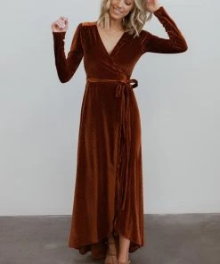BB Custom Jada Ribbed Velvet Wrap Dress | Copper
