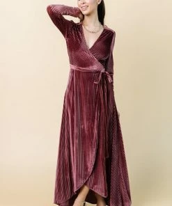BB Custom Jada Ribbed Velvet Wrap Dress | Dark Rose