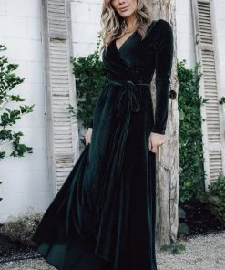 BB Custom Jada Ribbed Velvet Wrap Dress | Emerald