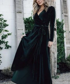 BB Custom Jada Ribbed Velvet Wrap Dress | Emerald