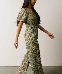 HAY Vacation Jane Smocked Jumpsuit | Sage Palm Print
