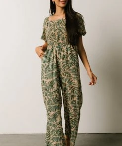 HAY Vacation Jane Smocked Jumpsuit | Sage Palm Print
