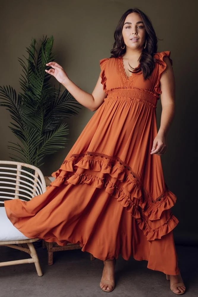 BB Custom Dresses Jasmine Ruffle Maxi Dress | Rust BB Custom Dresses Jasmine Ruffle Maxi Dress | Rust
