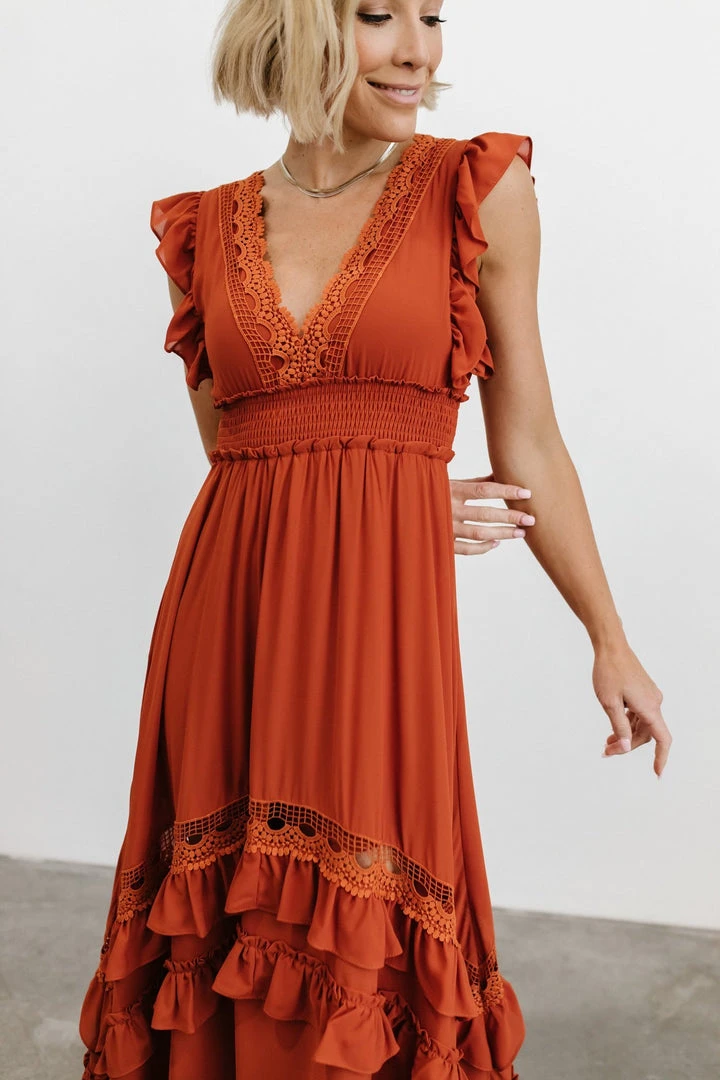 BB Custom Dresses Jasmine Ruffle Maxi Dress | Rust BB Custom Dresses Jasmine Ruffle Maxi Dress | Rust