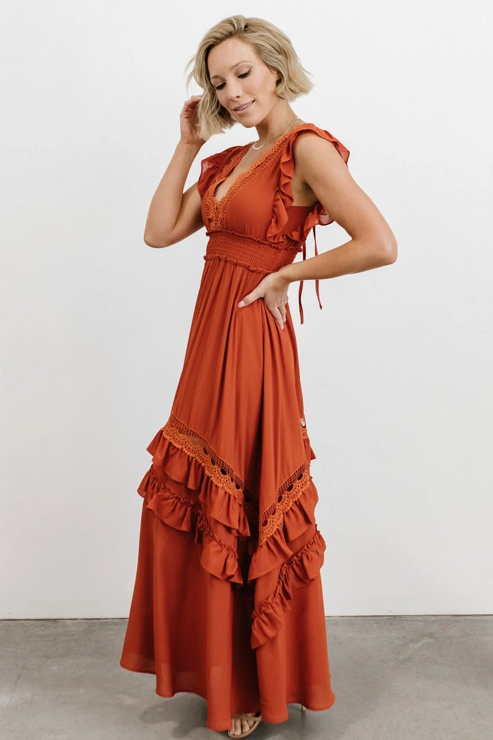 BB Custom Dresses Jasmine Ruffle Maxi Dress | Rust BB Custom Dresses Jasmine Ruffle Maxi Dress | Rust