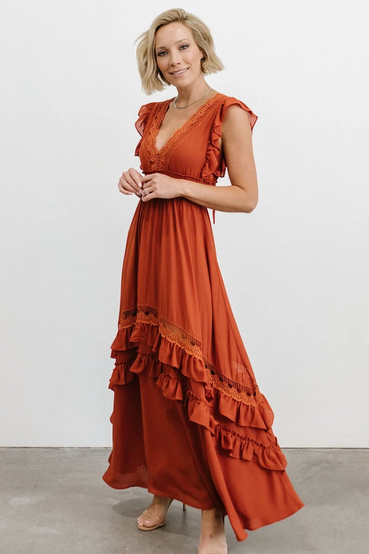 BB Custom Dresses Jasmine Ruffle Maxi Dress | Rust BB Custom Dresses Jasmine Ruffle Maxi Dress | Rust