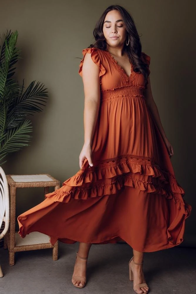 BB Custom Dresses Jasmine Ruffle Maxi Dress | Rust BB Custom Dresses Jasmine Ruffle Maxi Dress | Rust