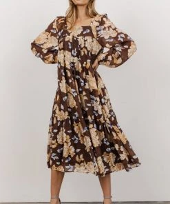 HAY Dresses Kayden Baby Doll Midi Dress | Brown Floral