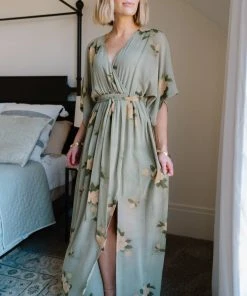 BB Custom Kia Kimono Maxi Dress | Olive Floral