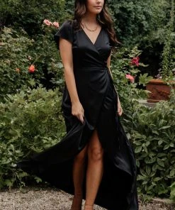 BB Custom Krystal Satin Wrap Gown | Black