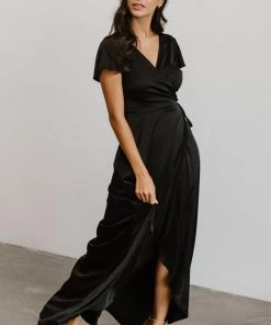 BB Custom Krystal Satin Wrap Gown | Black