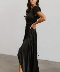 BB Custom Krystal Satin Wrap Gown | Black