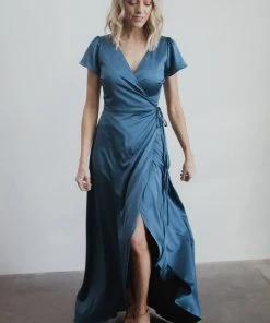 BB Custom Krystal Satin Wrap Gown | Blue Dresses