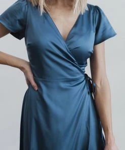 BB Custom Krystal Satin Wrap Gown | Blue Dresses