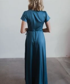 BB Custom Krystal Satin Wrap Gown | Blue Dresses