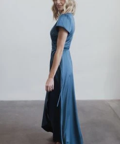 BB Custom Krystal Satin Wrap Gown | Blue Dresses