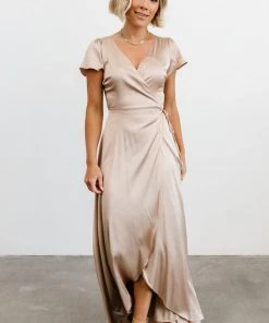BB Custom Krystal Satin Wrap Gown | Champagne Dresses