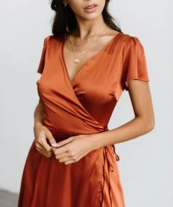 BB Custom Krystal Satin Wrap Gown | Copper Dresses