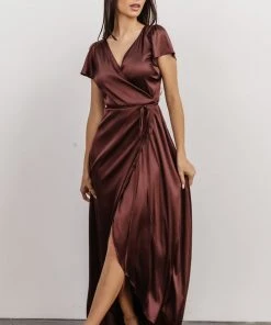 BB Custom Krystal Satin Wrap Gown | Dark Clove Dresses