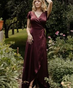 BB Custom Krystal Satin Wrap Gown | Dark Clove Dresses