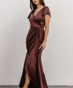 BB Custom Krystal Satin Wrap Gown | Dark Clove Dresses