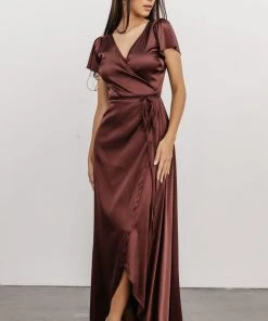 BB Custom Krystal Satin Wrap Gown | Dark Clove Dresses