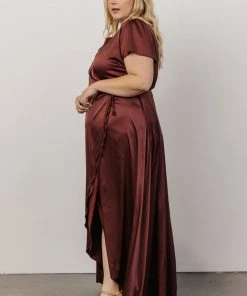 BB Custom Krystal Satin Wrap Gown | Dark Clove Dresses