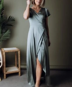 BB Custom Dresses Krystal Satin Wrap Gown | Eucalyptus