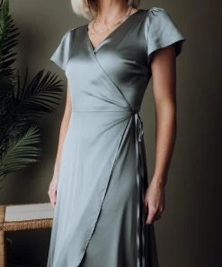 BB Custom Dresses Krystal Satin Wrap Gown | Eucalyptus