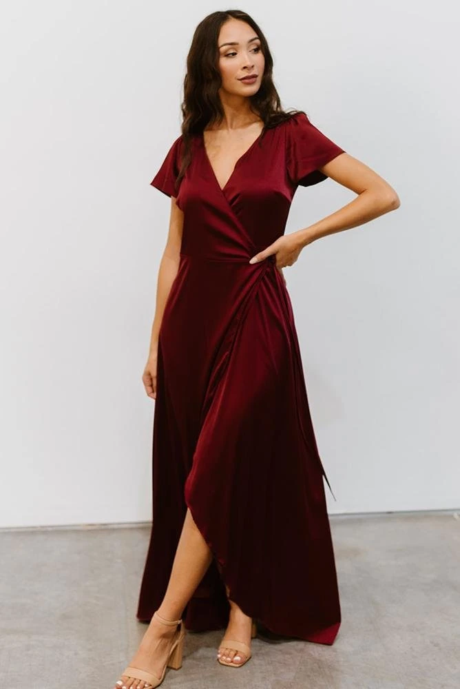 BB Custom Krystal Satin Wrap Gown | Wine 6 BB Custom Krystal Satin Wrap Gown | Wine