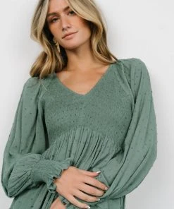 IL Lainey Smocked Dotted Midi Dress | Dark Sage Dresses