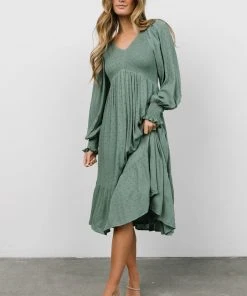 IL Lainey Smocked Dotted Midi Dress | Dark Sage Dresses