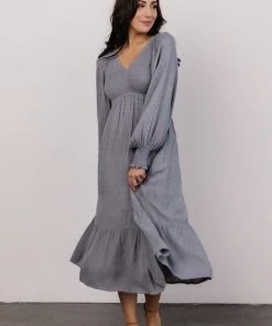 IL Lainey Smocked Dotted Midi Dress | Dusty Blue Dresses