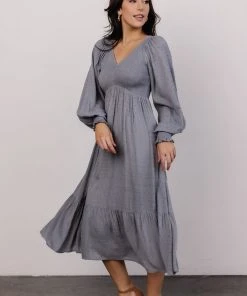 IL Lainey Smocked Dotted Midi Dress | Dusty Blue Dresses