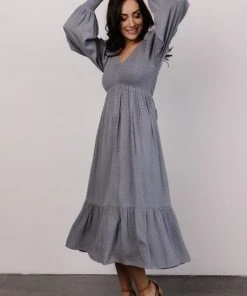 IL Lainey Smocked Dotted Midi Dress | Dusty Blue Dresses