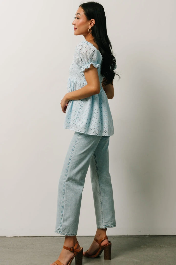 IL Tops Lauren Eyelet Babydoll Top | Powder Blue 4 IL Tops Lauren Eyelet Babydoll Top | Powder Blue