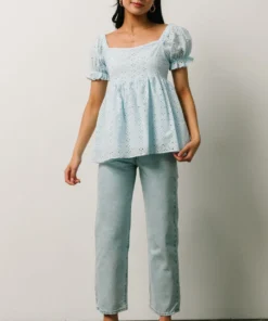 IL Tops Lauren Eyelet Babydoll Top | Powder Blue 13 IL Tops Lauren Eyelet Babydoll Top | Powder Blue