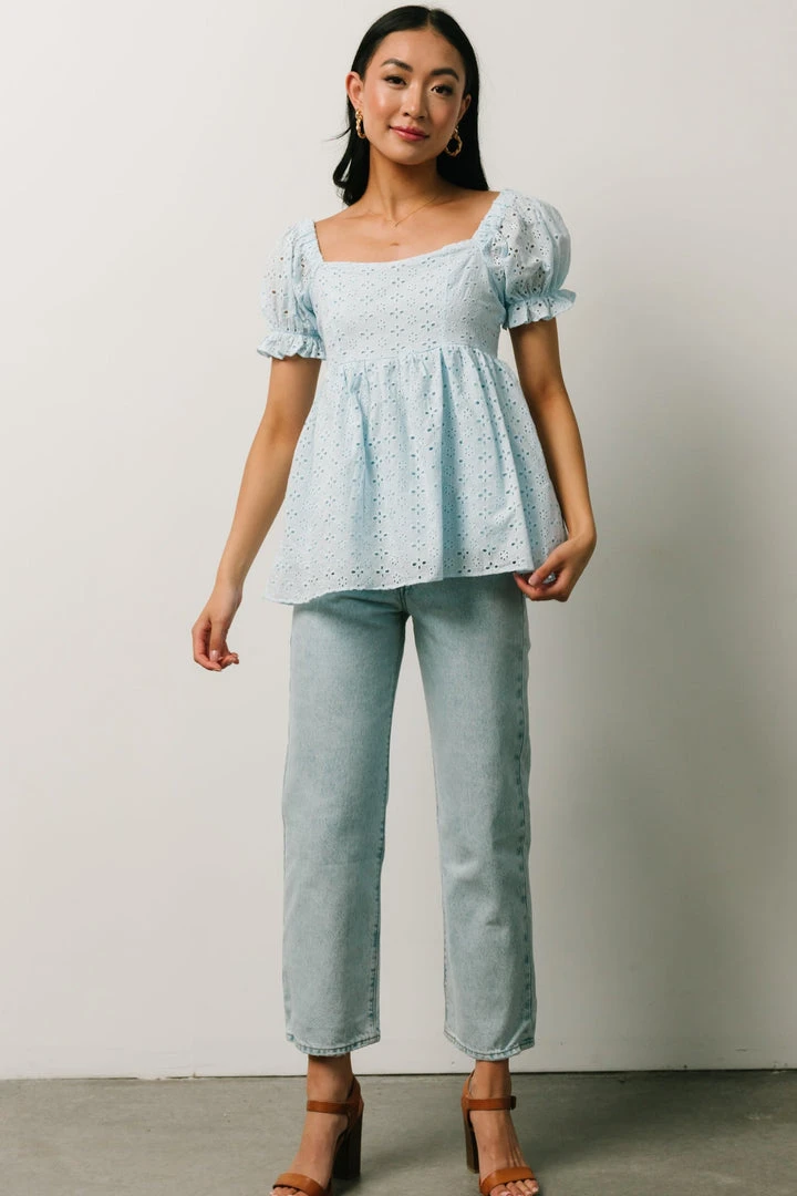 IL Tops Lauren Eyelet Babydoll Top | Powder Blue 5 IL Tops Lauren Eyelet Babydoll Top | Powder Blue