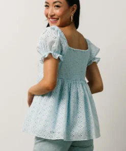IL Tops Lauren Eyelet Babydoll Top | Powder Blue 14 IL Tops Lauren Eyelet Babydoll Top | Powder Blue