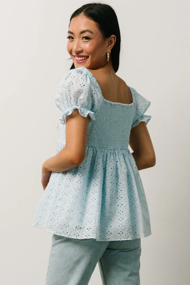 IL Tops Lauren Eyelet Babydoll Top | Powder Blue 6 IL Tops Lauren Eyelet Babydoll Top | Powder Blue