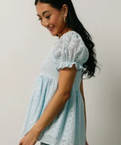 IL Tops Lauren Eyelet Babydoll Top | Powder Blue 15 IL Tops Lauren Eyelet Babydoll Top | Powder Blue